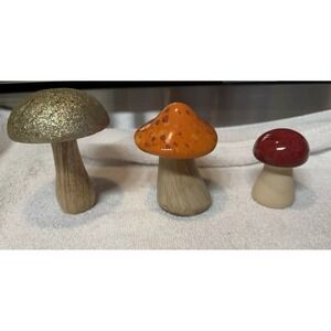 Mushroom Figurine Lot Of 3 Gold Orange And Red. Wooden And Ceramic.